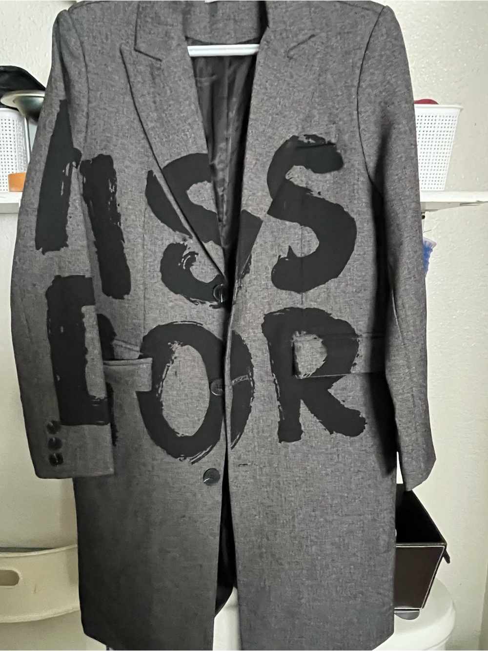 Dior Gray Wool Pea Coat with Black Graphic Lettering